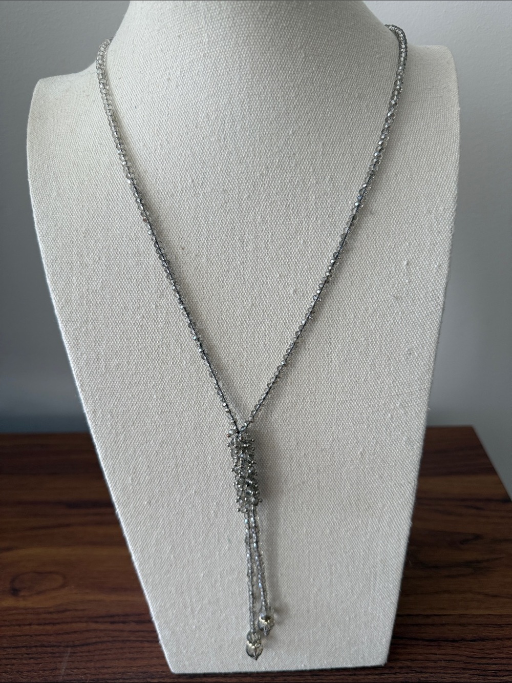 Silver-tone Clear Crystal Long Lariat Art Deco Necklace.